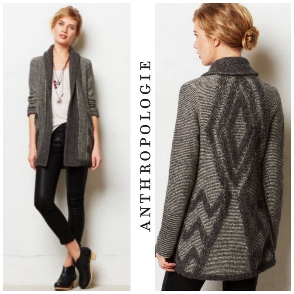 Anthropologie Angel of the North Textured Wool Blend Chevron Open Front Cardigan - Picture 1 of 10